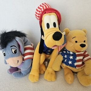 Disney 4th Of July Bean Bag Plush Winnie The Pooh Eeyore & Pluto Vintage 2000